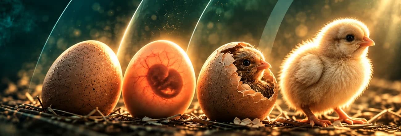 Do ovo ao pintinho: ovo, embrião visto na ovoscopia, pintinho a sair da casca e pintinho nascido