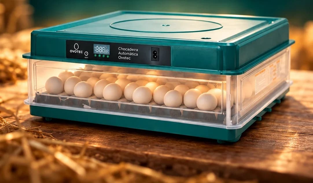 Chocadeira automática OvoTec com ovos, sobre bancada de madeira
